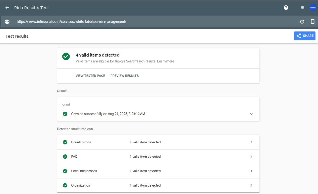 A screenshot of Google’s Rich Results Test tool showing a successful validation for a page with FAQ and Article schema