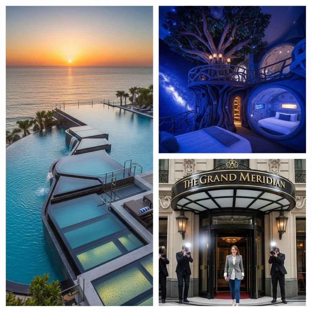 A dynamic photo collage showing different hotels that have gone viral on social media—one with a unique pool, another with a themed room, and a third with a celebrity visitor