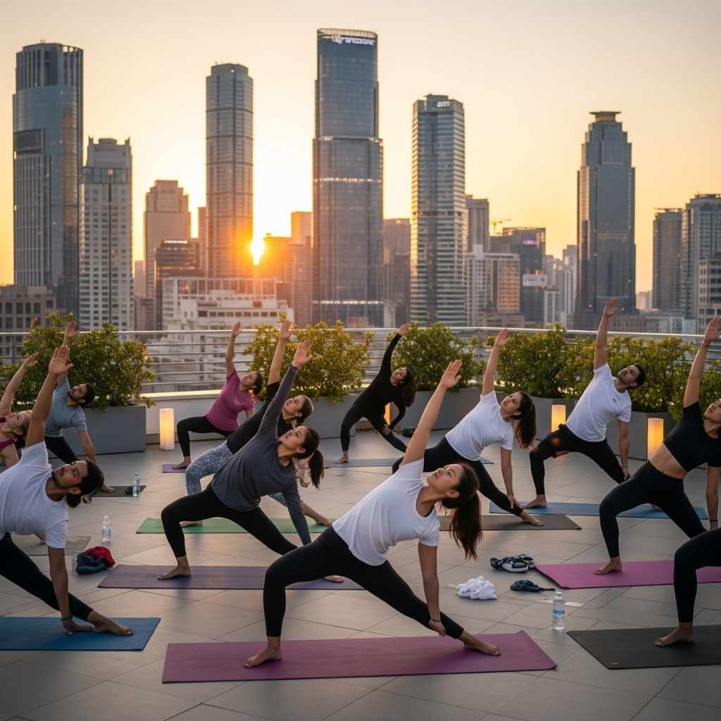 A group of people enjoying a rooftop yoga class at a hotel with the city skyline in the background