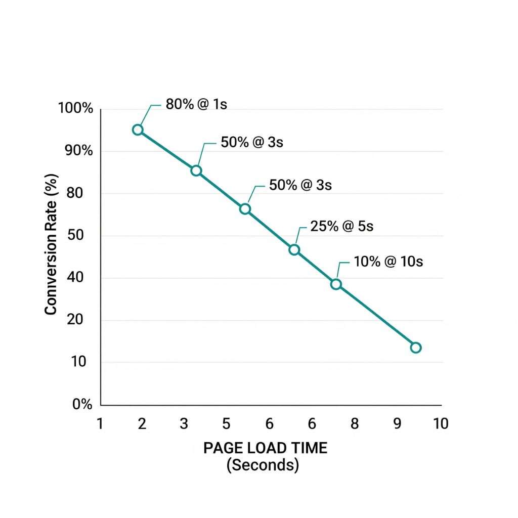 Infographic showing a graph of website conversion rates dropping as page load time increases