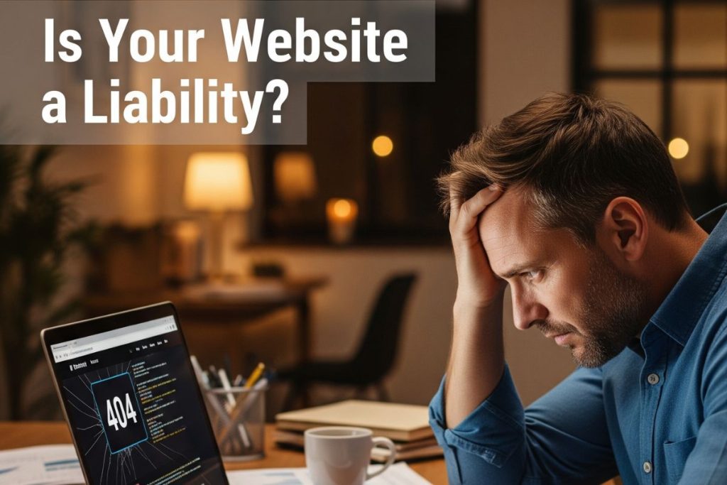 A stressed business owner looking at a broken website on their laptop, with text overlay