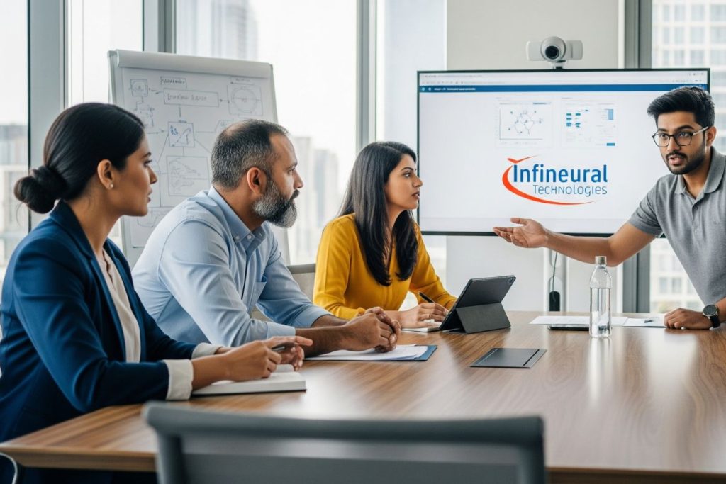 A professional team photo of the Infineural Technologies staff in a meeting, looking collaborative and focused