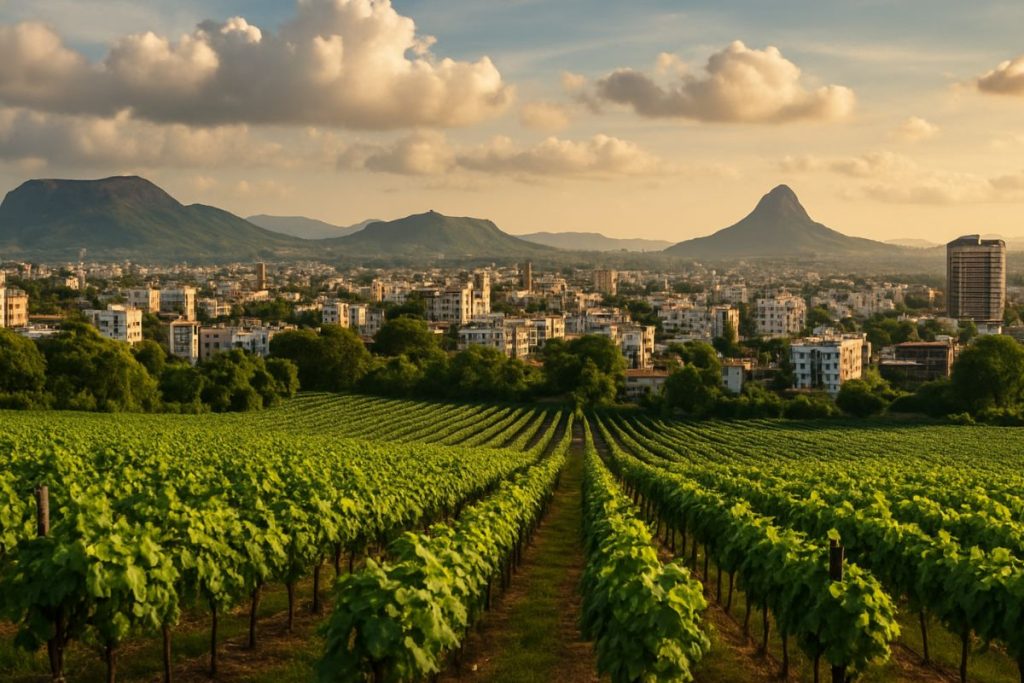 A stunning panoramic view of Nashik's skyline with vineyards and hills, representing the city's tourism appeal