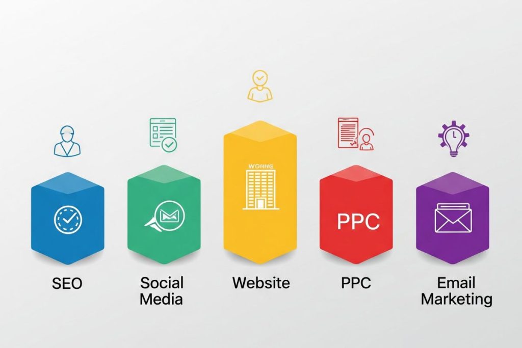 An infographic illustrating the five pillars of hotel digital marketing: SEO, Social Media, Website, PPC, and Email Marketing