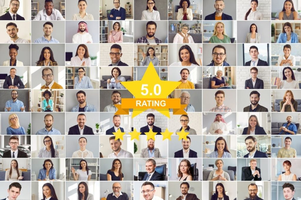 A collage of happy customer faces next to a 5-star rating icon