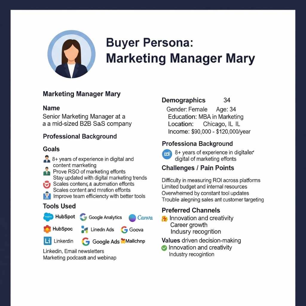 A detailed and visually appealing buyer persona template filled out for 'Marketing Manager Mary', showcasing demographics, goals, and pain points