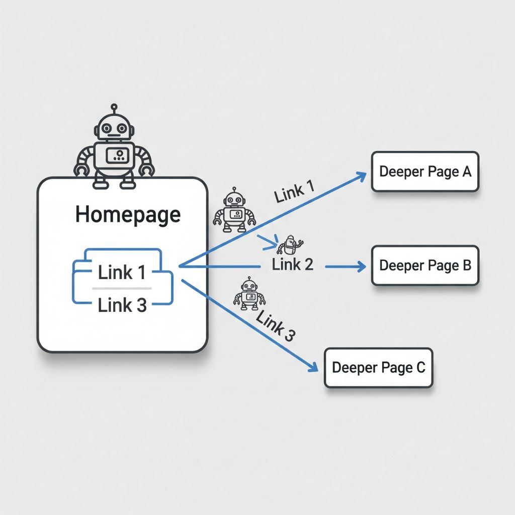 A diagram showing a Googlebot crawler following internal links from a homepage to deeper pages on a website