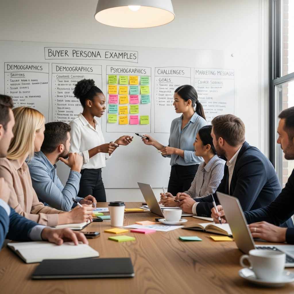 A diverse team of marketers collaborating and brainstorming around a whiteboard with sticky notes, illustrating the process of creating buyer personas
