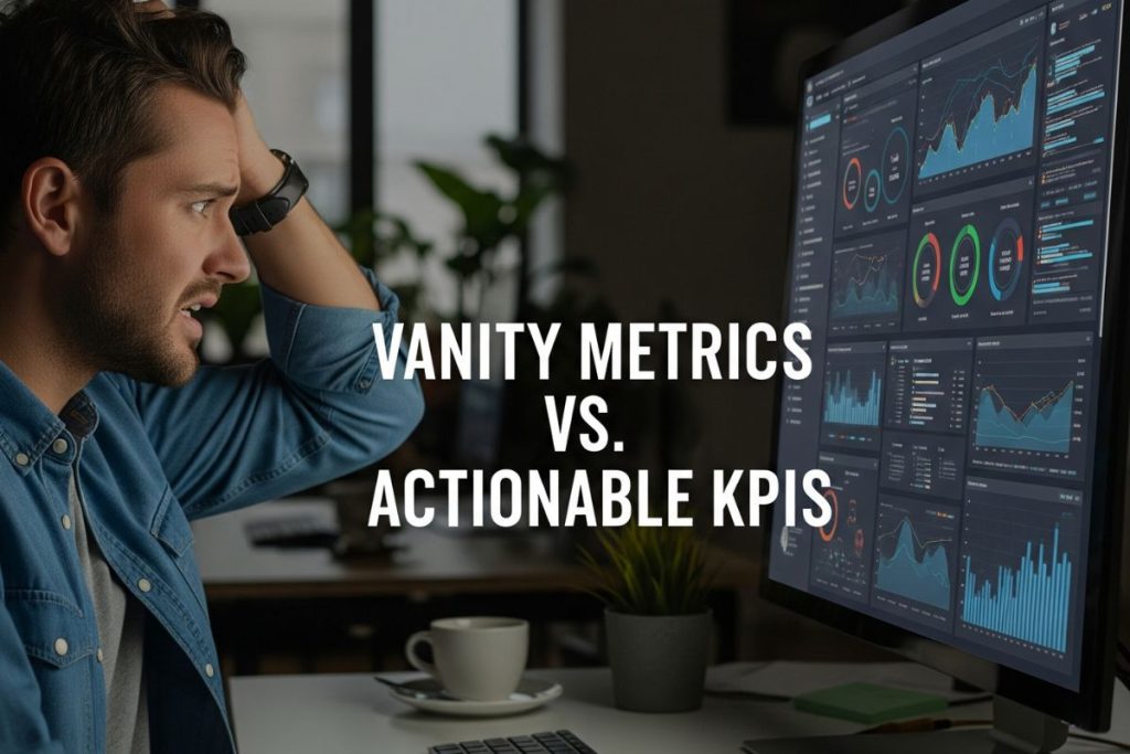 A frustrated marketer looking at a confusing dashboard full of charts and graphs with the text "Vanity Metrics vs. Actionable KPIs" overlaid.