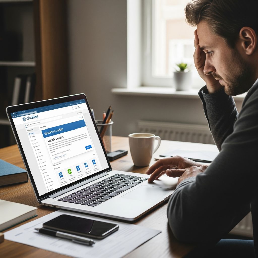 A stressed website owner looking at the WordPress update notification on their laptop screen