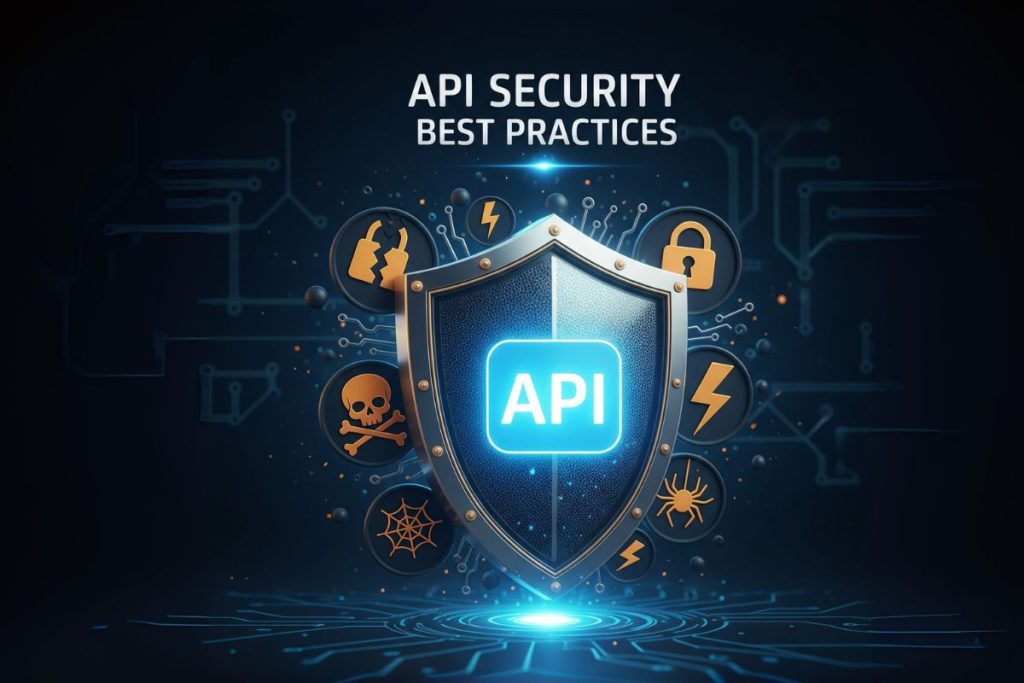 A shield icon protecting an API endpoint from various cyber attack symbols with the text "API Security Best Practices" overlaid