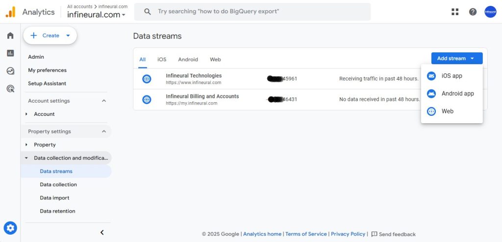 Screenshot of the Google Analytics 4 property and data stream setup screen