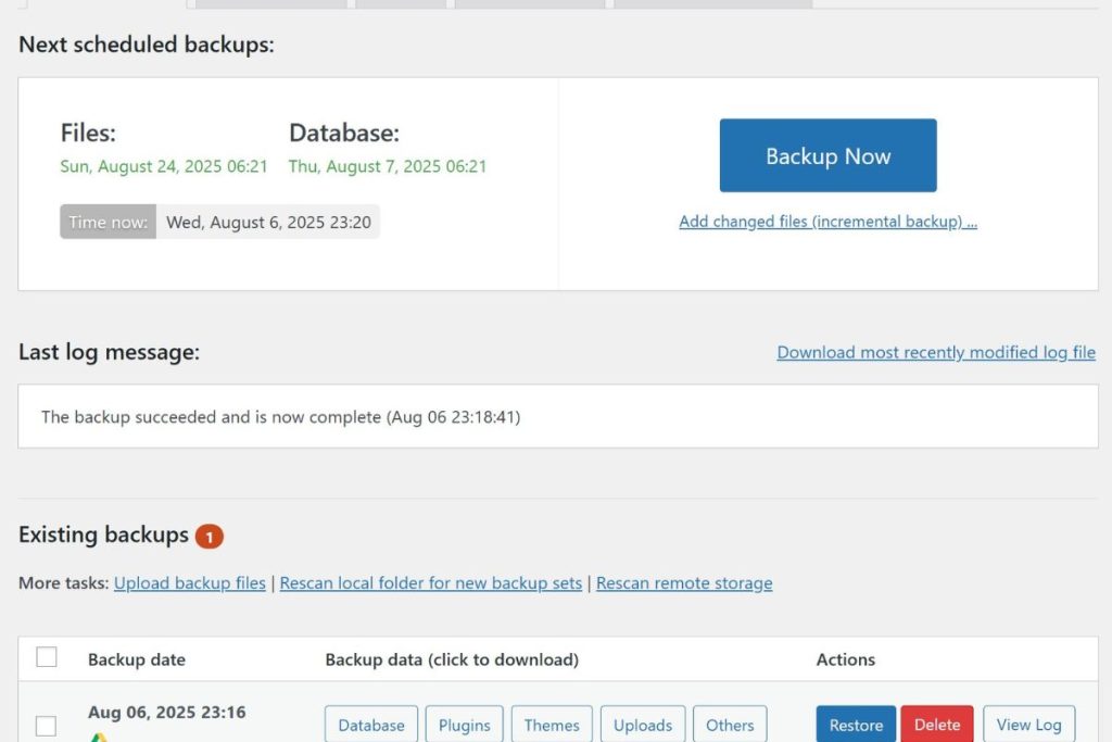 Screenshot of a WordPress backup plugin dashboard showing a successful and complete backup