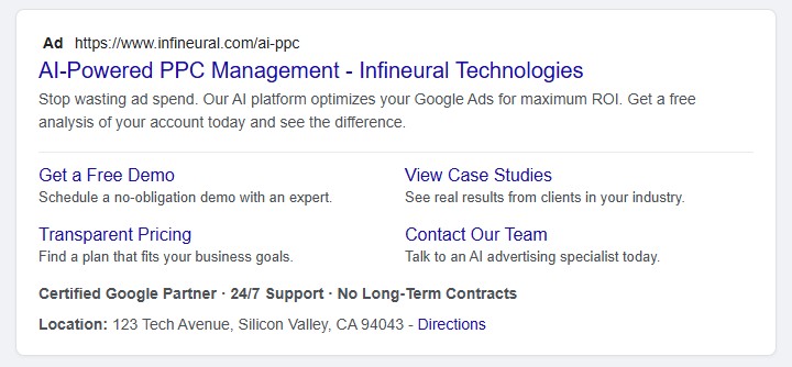An example of a Google search ad with multiple ad extensions like sitelinks, callouts, and a location extension, demonstrating its large size on the results page