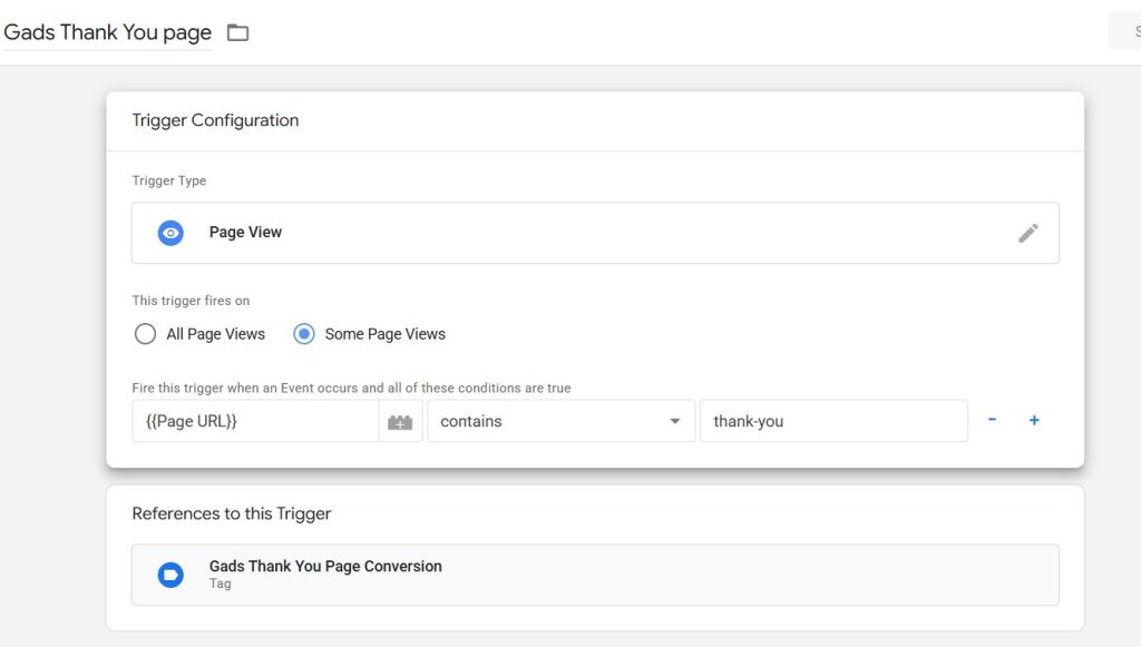 Screenshot of the trigger configuration in Google Tag Manager for a 'thank you' page view