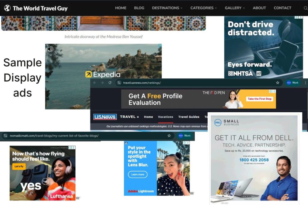 Examples of different Google Display campaign types on websites.