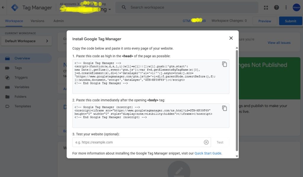 Screenshot of the Google Tag Manager installation code snippets