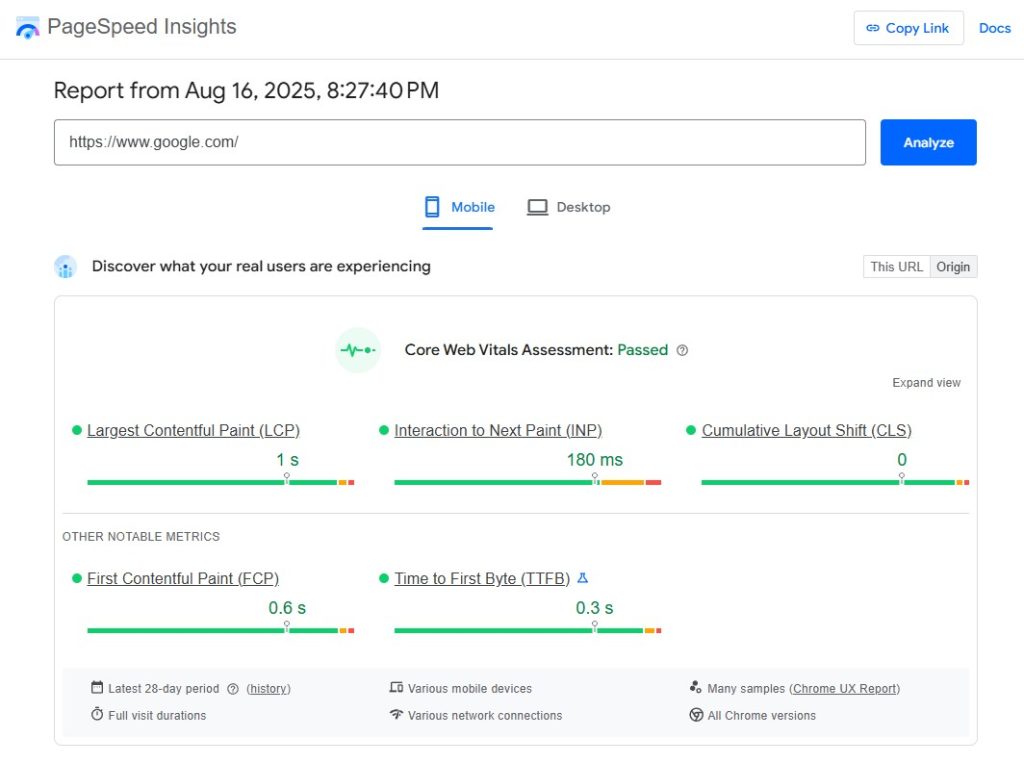 A screenshot of the Google PageSpeed Insights report showing scores for Core Web Vitals